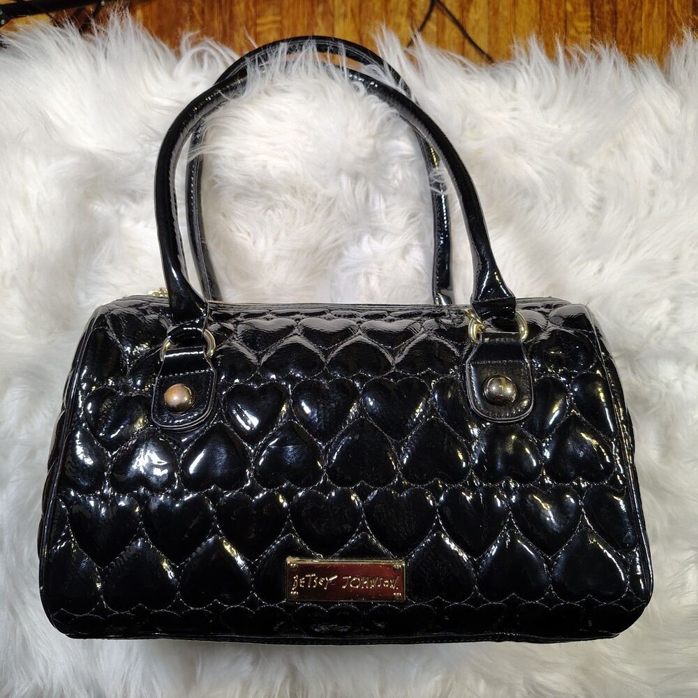 Betsey Johnson Black Patent Leather Quilted Heart Goth Satchel Purse